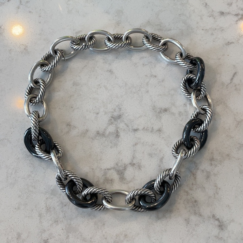 David Yurman Extra Large Sterling Silver and Ceramic Oval Link Necklace.